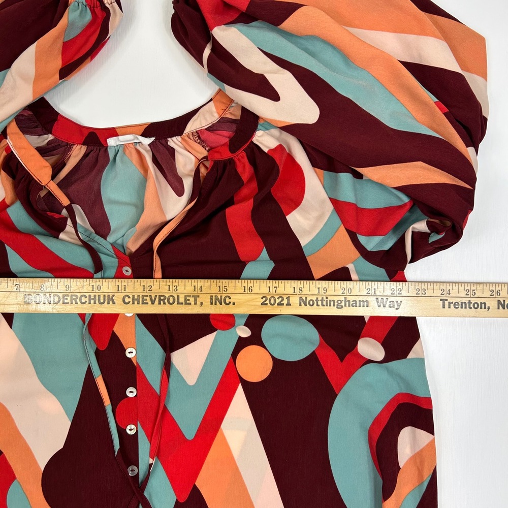 August Sky Womens Geometric Abstract Print Blouse Burgundy Teal RTH2011 Size L - Picture 3 of 8
